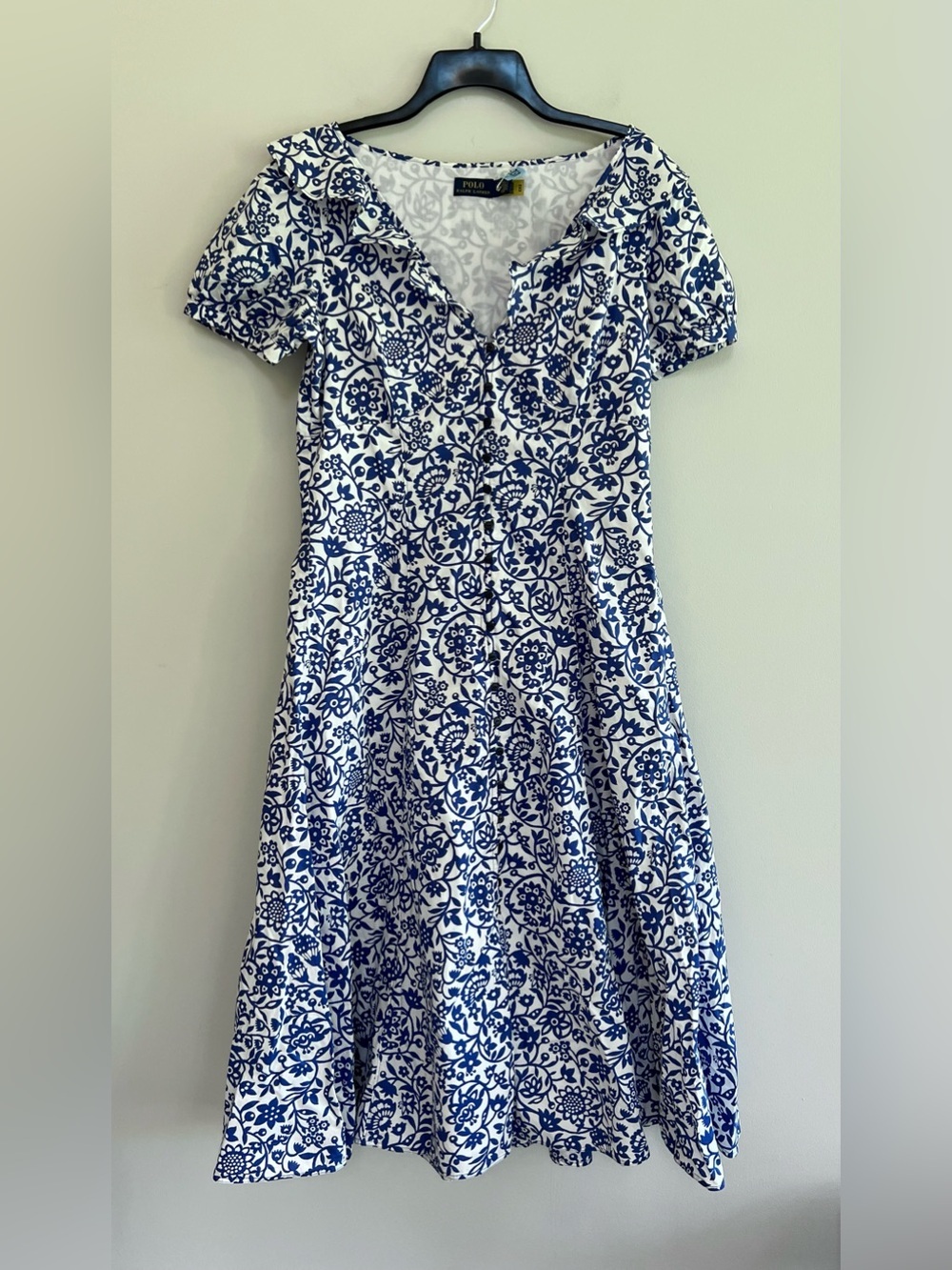 Polo Ralph Lauren Floral Trellis Cotton Short-Sleeve Dress, Navy Blue/White, 10